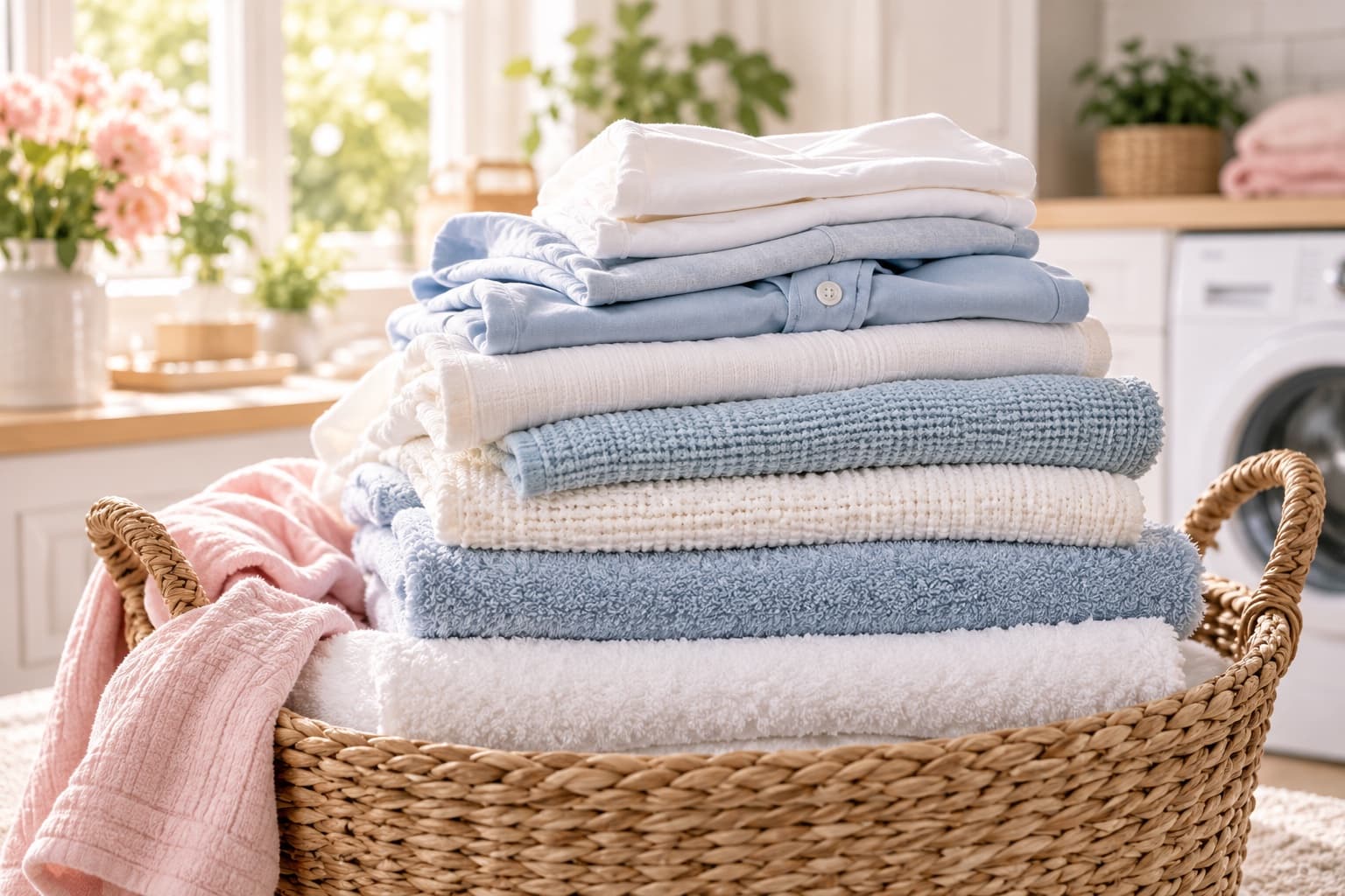 Freshly folded laundry in a basket in a bright laundry room